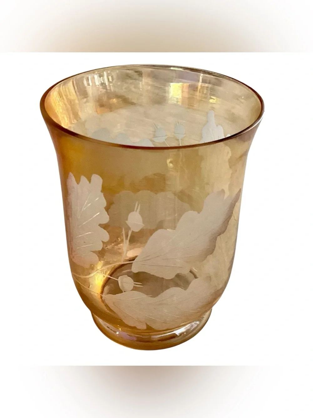 Vintage Iridescent Peachy Orange Etched Leaf Amber Glass Vase or Candle Holder